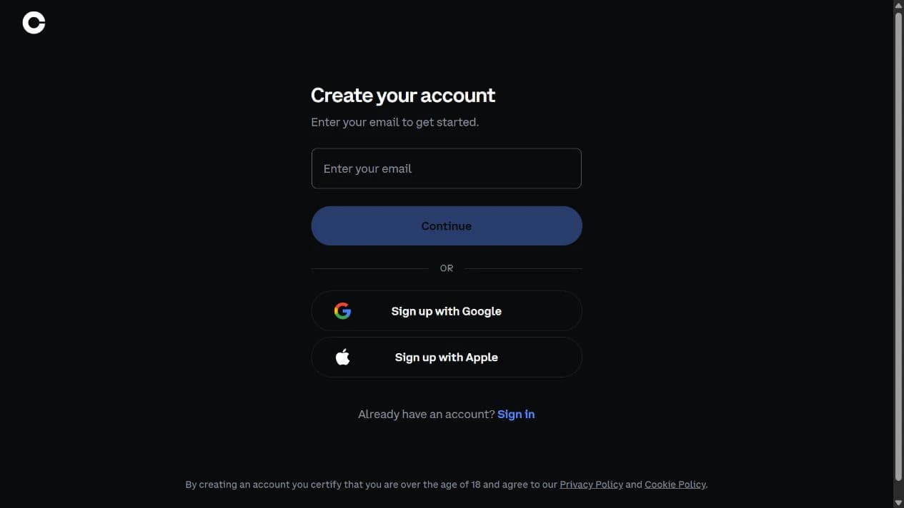 メール入力欄と続行ボタンがあるCoinbase公式口座作成画面