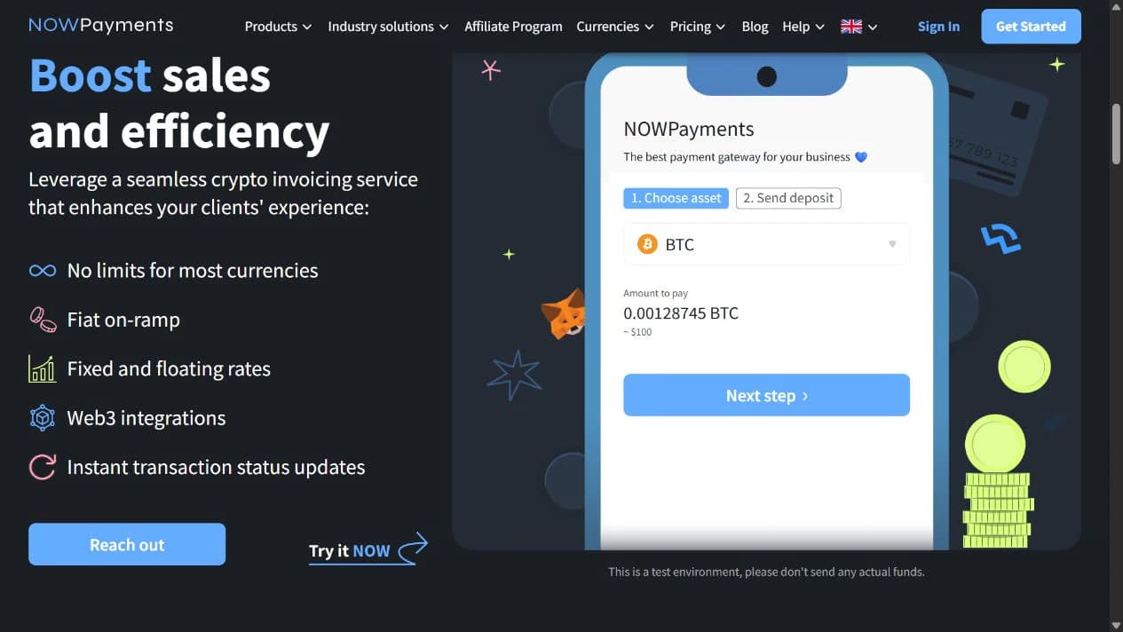 Bitcoin、正確な数量、次へボタンを表示したNOWPayments公式テスト請求画面