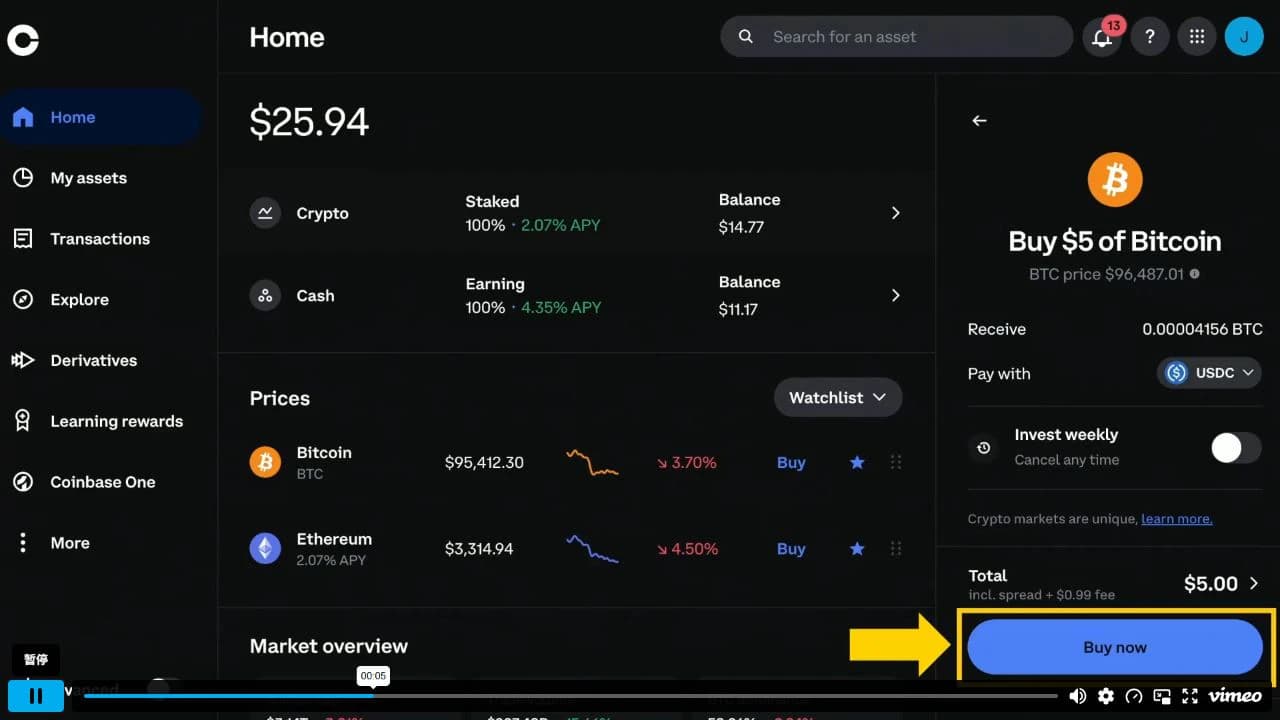 5ドル分のBitcoin購入確認を示すCoinbase公式デスクトップ動画